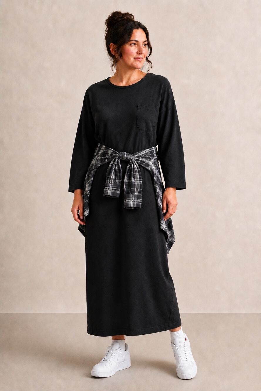Lands’ End Womens L 14-16 Black Sweatshirt Maxi Dress Made in USA Vintage